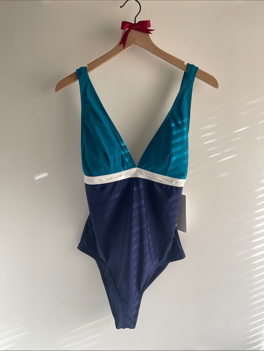 NWT Teal Navy Colorblock One Piece Swimsuit White Trim Size L Nautical Sporty